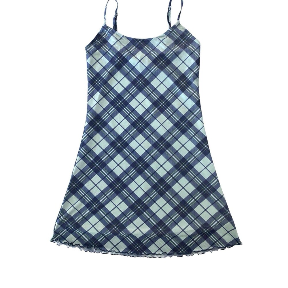Delia's by Dolls Kill Size M Slip Dress Blue Plaid Stretchy Mesh Mini Juniors